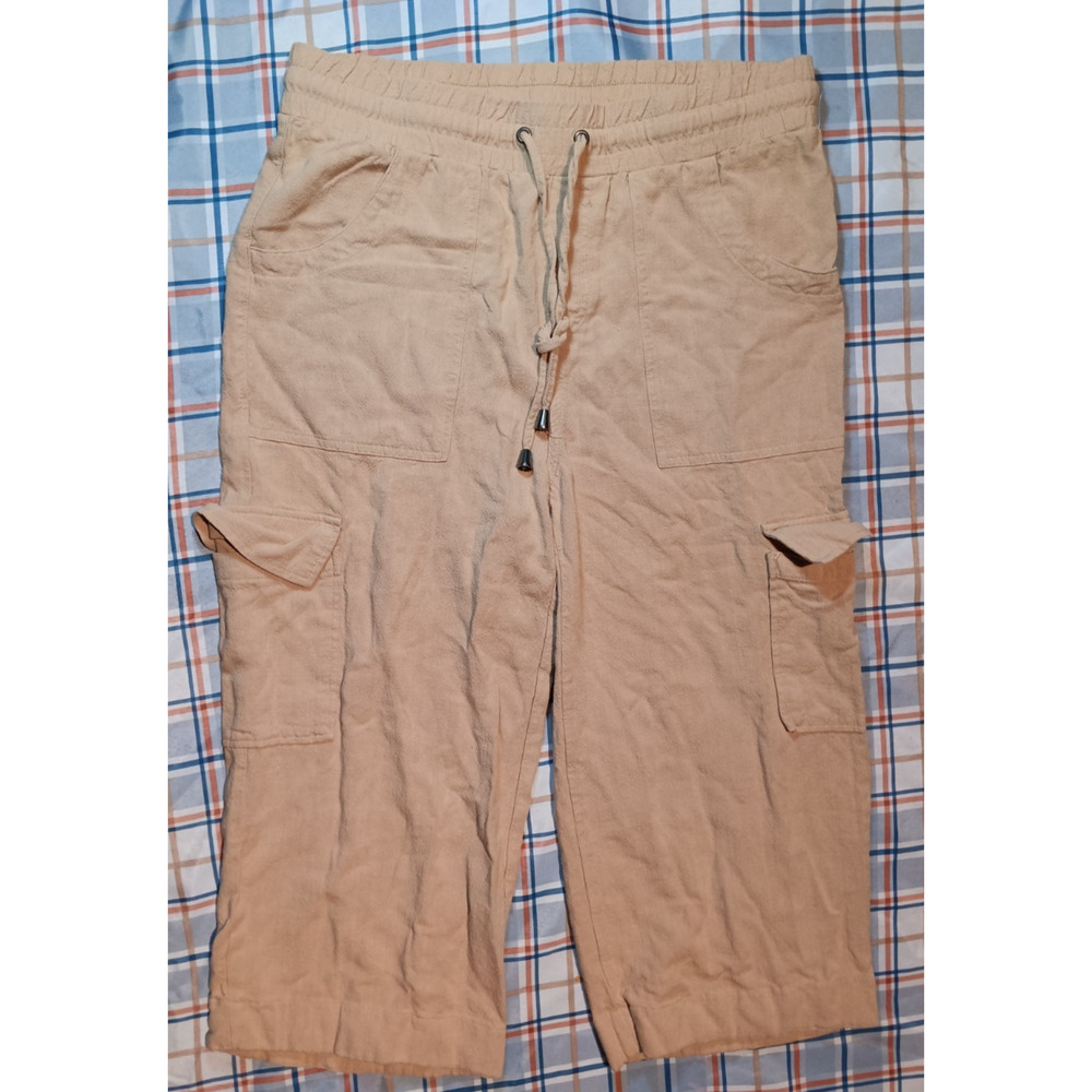 FRYE & CO. Womens Medium Linen Blend Cropped Flare Cargo Pants Tan Comfort Waist